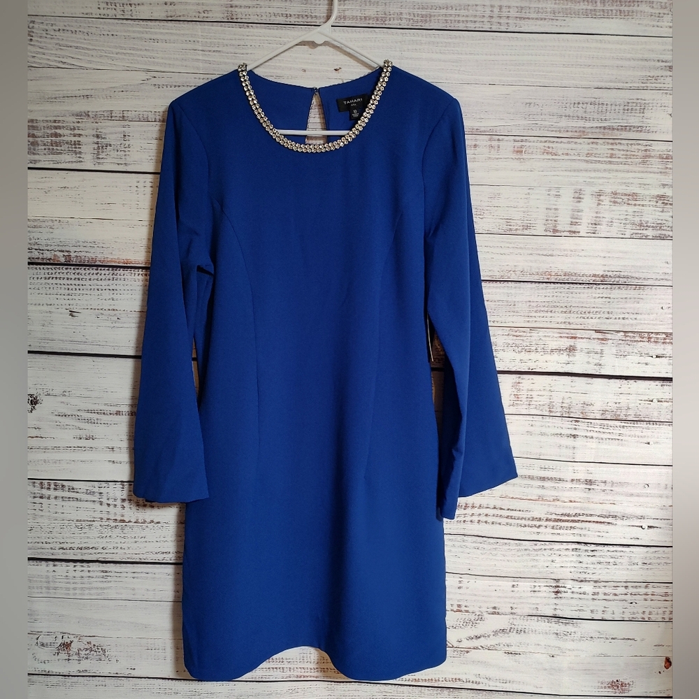 Tahari ASL Rhinestone Trim Shift Dress Cobalt Blue NWT Size 10